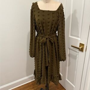 DownEast Green Dress. Large. Long Sleeve Midi Length Tie Accent. Sheer Sleeve.